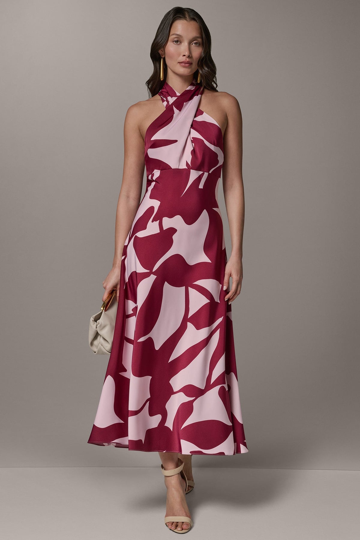 SLEEVELESS HALTER NECK A-LINE DRESS - Sangria/Lilac