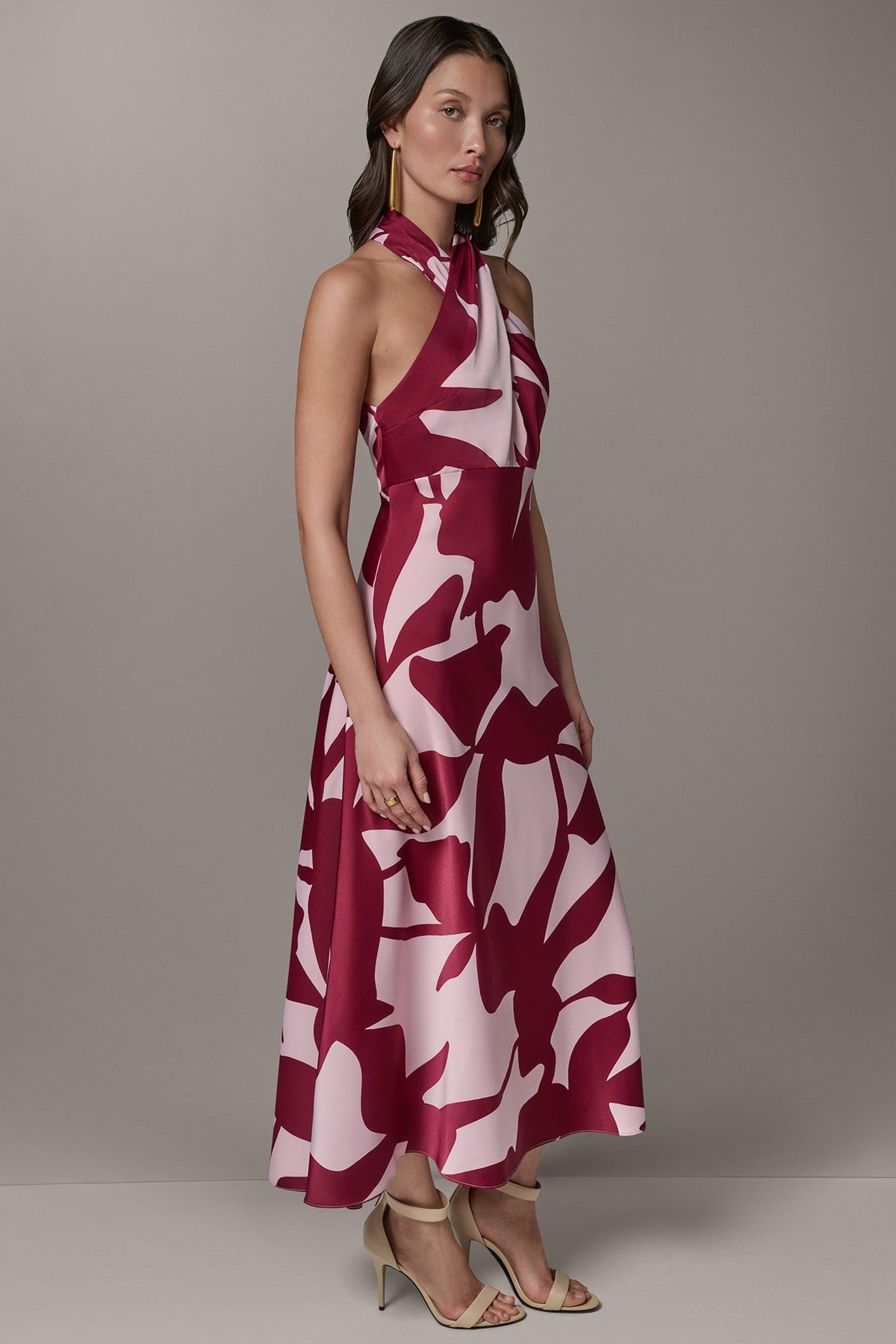 SLEEVELESS HALTER NECK A-LINE DRESS - Sangria/Lilac