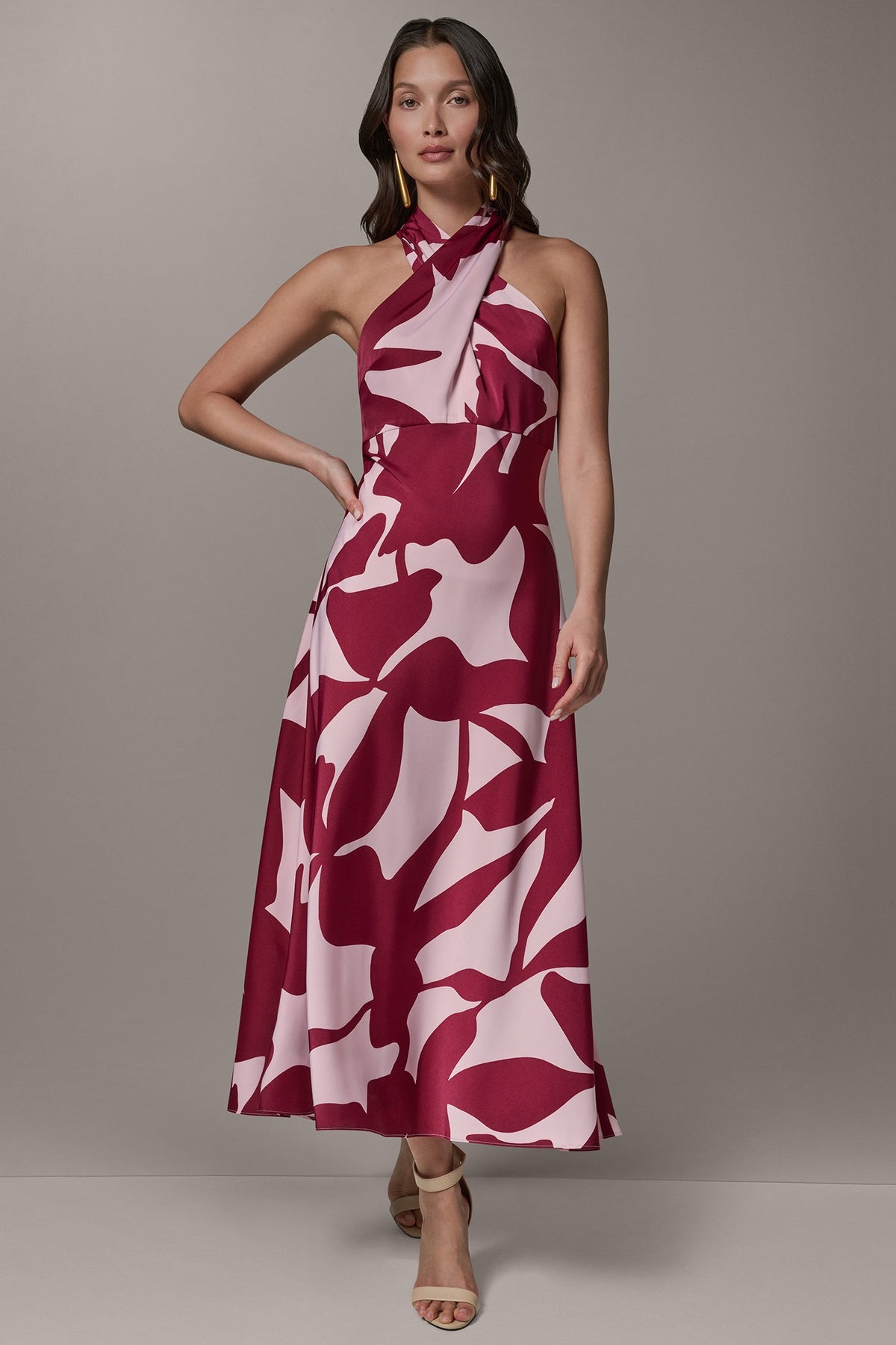 SLEEVELESS HALTER NECK A-LINE DRESS - Sangria/Lilac