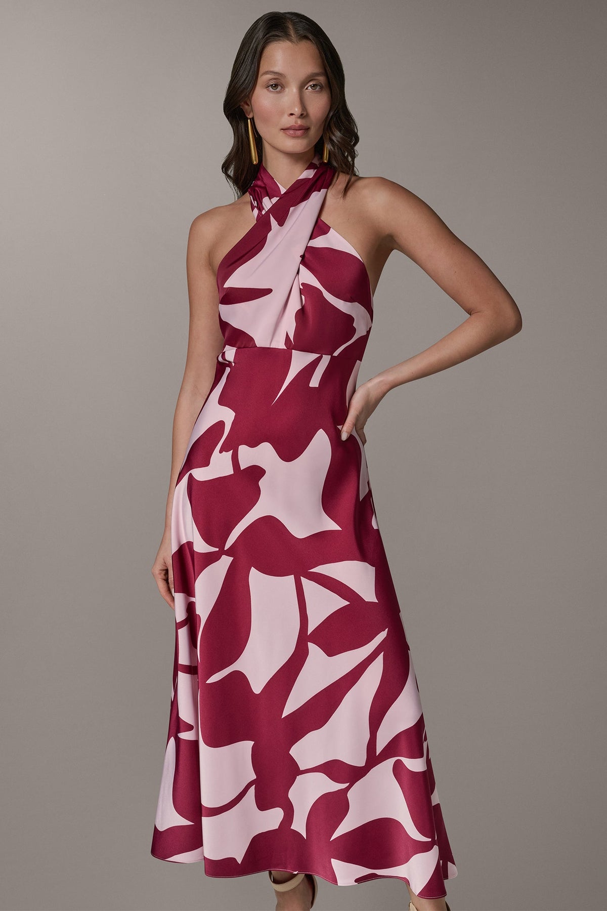 SLEEVELESS HALTER NECK A-LINE DRESS - Sangria/Lilac