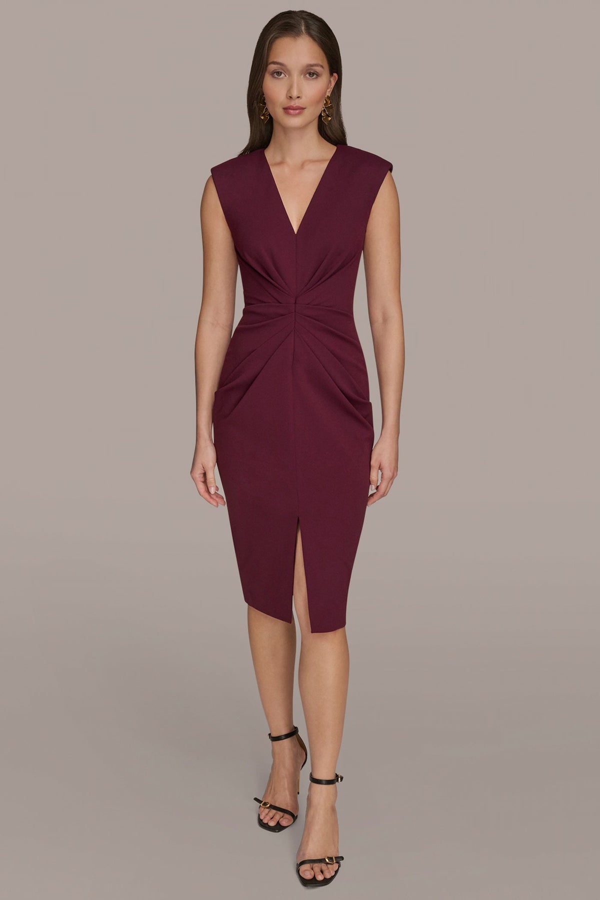 SLEEVELESS SPLIT-FRONT MIDI SHEATH DRESS - BERRY