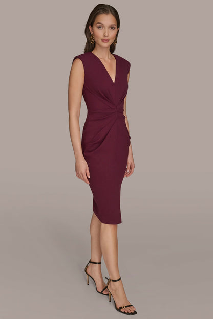 SLEEVELESS SPLIT-FRONT MIDI SHEATH DRESS - BERRY