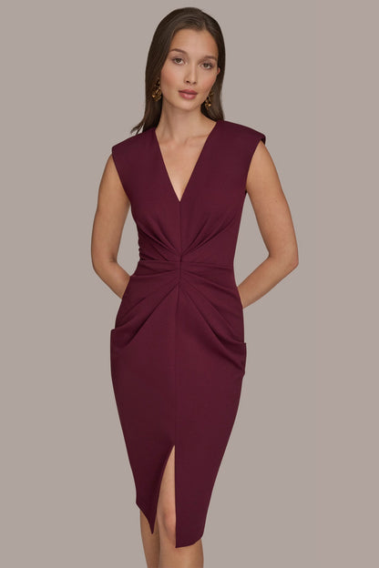 SLEEVELESS SPLIT-FRONT MIDI SHEATH DRESS - BERRY