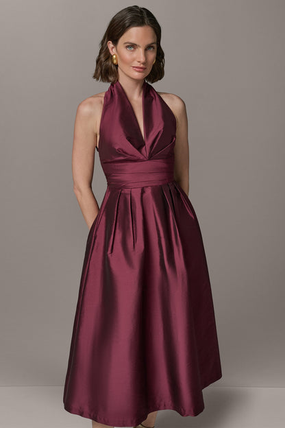 SLEEVELESS V-NECK TAFFETA MIDI COCKTAIL DRESS - Berry