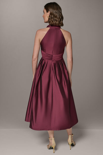 SLEEVELESS V-NECK TAFFETA MIDI COCKTAIL DRESS - Berry
