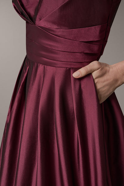 SLEEVELESS V-NECK TAFFETA MIDI COCKTAIL DRESS - Berry