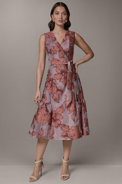 SLEEVELESS FLORAL MIDI FIT AND FLARE DRESS - Desert Clay Multi