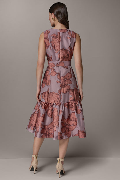 SLEEVELESS FLORAL MIDI FIT AND FLARE DRESS - Desert Clay Multi