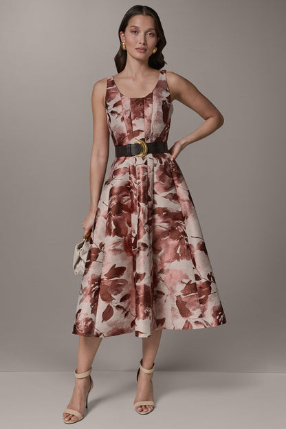 SLEEVELESS FLORAL MIDI FIT AND FLARE DRESS - Desert Rose Multi