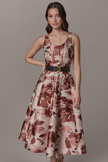 SLEEVELESS FLORAL MIDI FIT AND FLARE DRESS - Desert Rose Multi