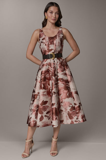 SLEEVELESS FLORAL MIDI FIT AND FLARE DRESS - Desert Rose Multi