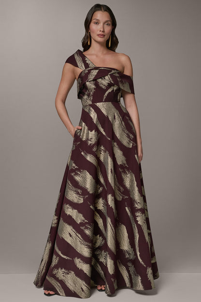 ONE SHOULDER METALLIC BRUSHTROKE GOWN - Prune/Pale Gold