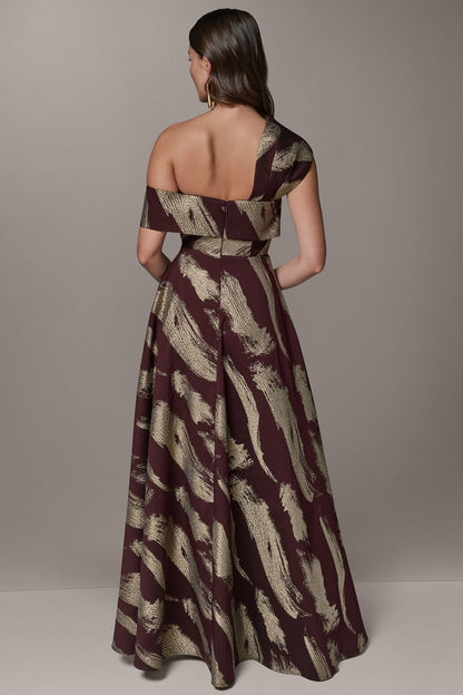 ONE SHOULDER METALLIC BRUSHTROKE GOWN - Prune/Pale Gold