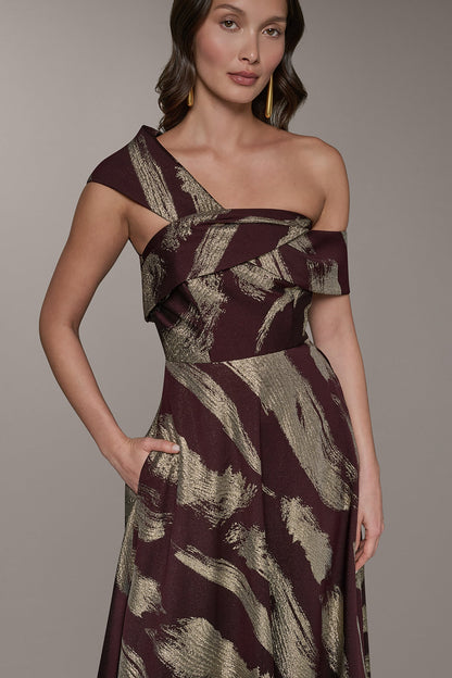 ONE SHOULDER METALLIC BRUSHTROKE GOWN - Prune/Pale Gold