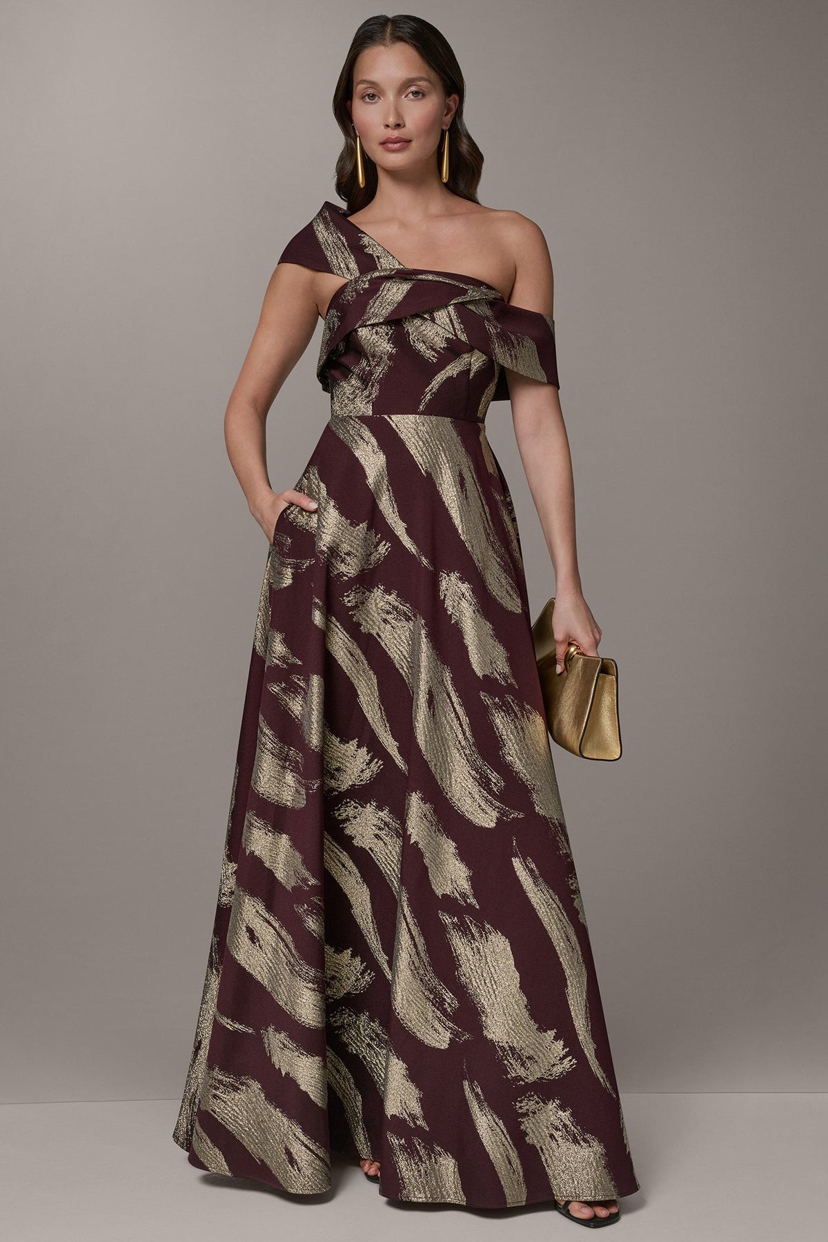 ONE SHOULDER METALLIC BRUSHTROKE GOWN - Prune/Pale Gold