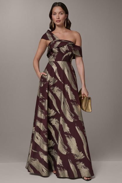 ONE SHOULDER METALLIC BRUSHTROKE GOWN - Prune/Pale Gold