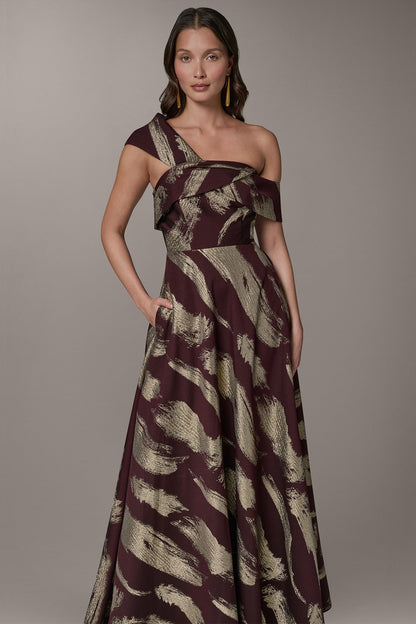 ONE SHOULDER METALLIC BRUSHTROKE GOWN - Prune/Pale Gold
