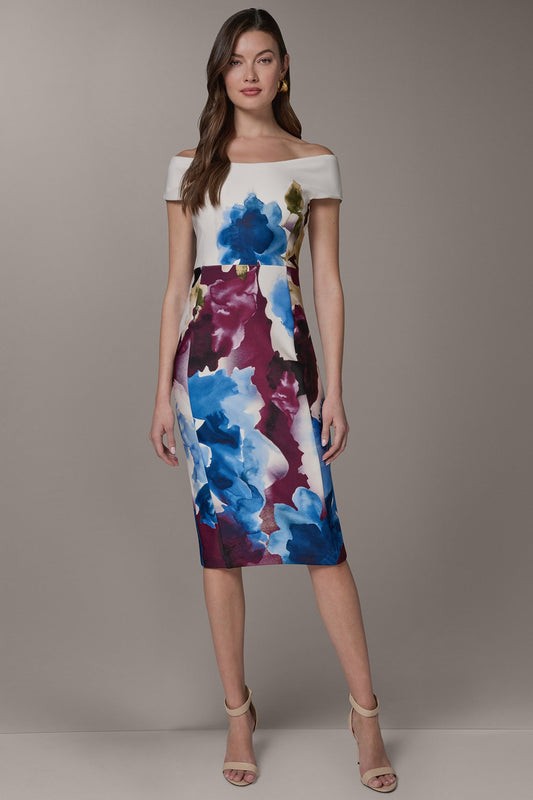 OFF THE SHOULDER MIDI SHEATH DRESS - Sangria/Marina Multi