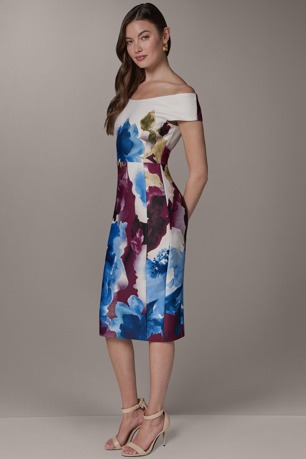 OFF THE SHOULDER MIDI SHEATH DRESS - Sangria/Marina Multi