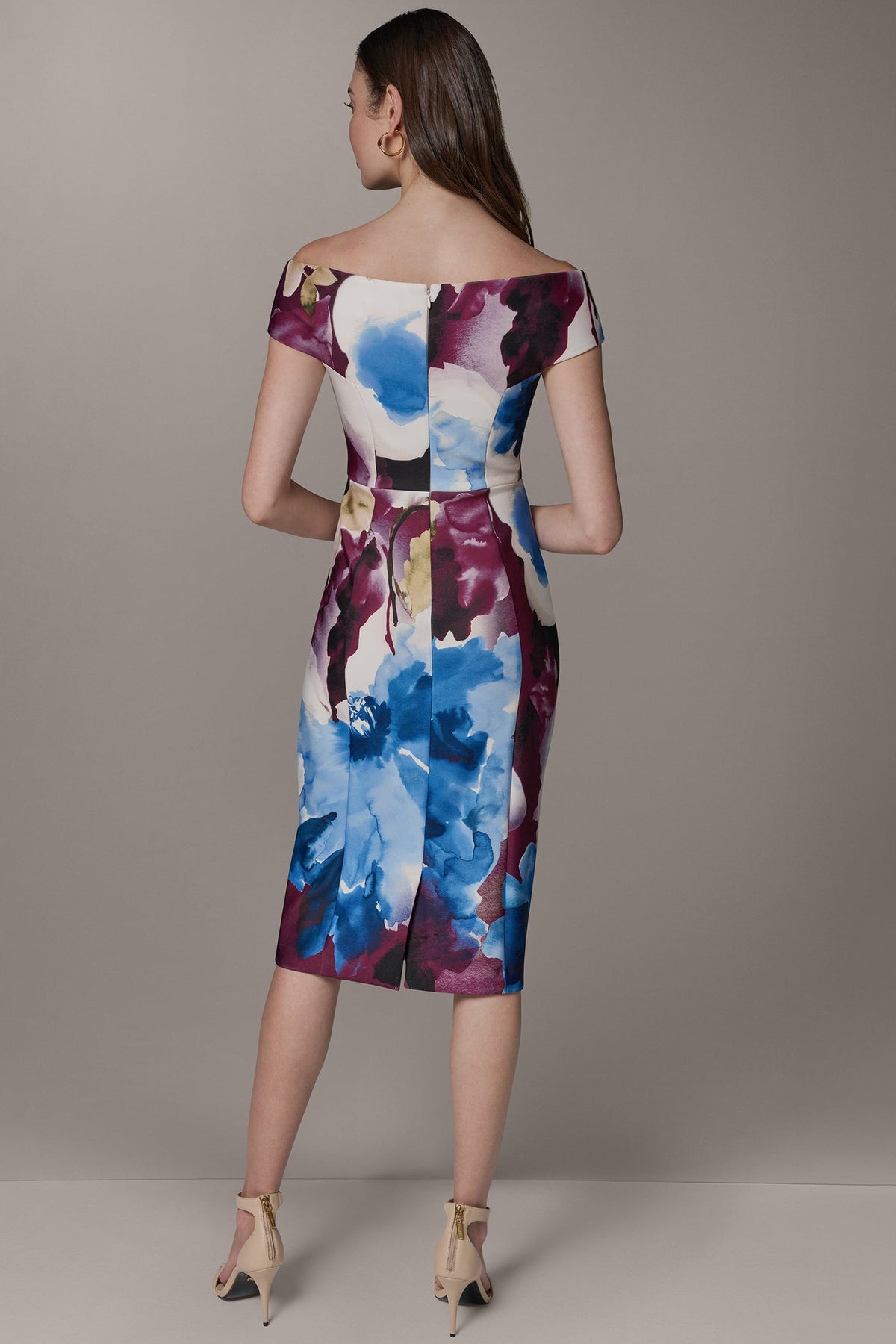 OFF THE SHOULDER MIDI SHEATH DRESS - Sangria/Marina Multi