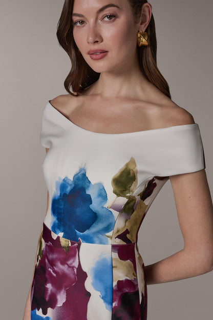 OFF THE SHOULDER MIDI SHEATH DRESS - Sangria/Marina Multi