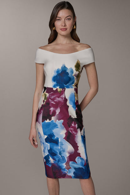 OFF THE SHOULDER MIDI SHEATH DRESS - Sangria/Marina Multi