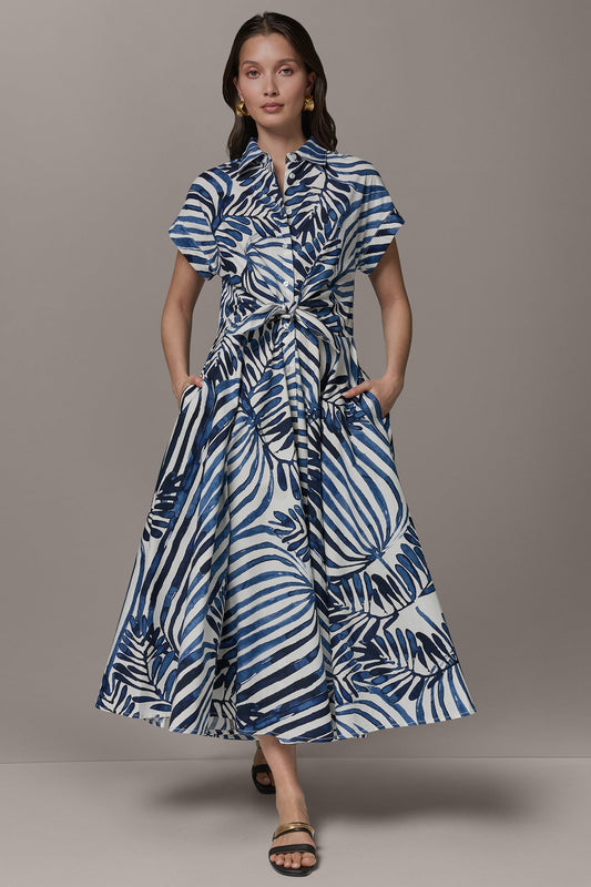 SHORT SLEEVE TIE FRONT MAXI SHIRT DRESS - Nightfall Combo Palm