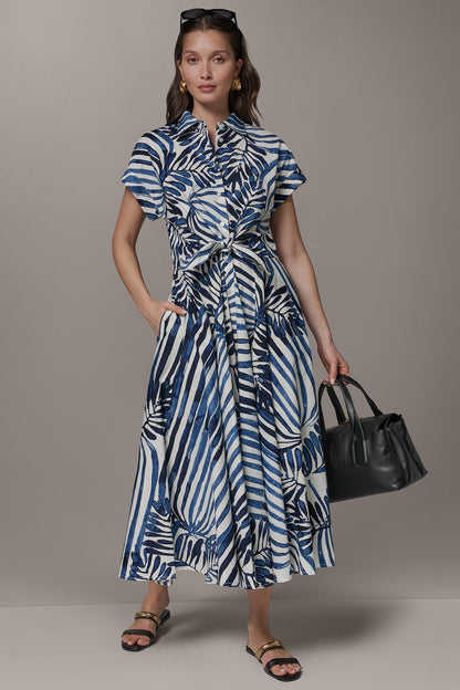 SHORT SLEEVE TIE FRONT MAXI SHIRT DRESS - Nightfall Combo Palm