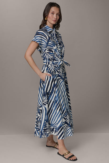 SHORT SLEEVE TIE FRONT MAXI SHIRT DRESS - Nightfall Combo Palm