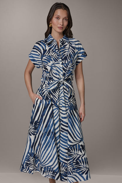 SHORT SLEEVE TIE FRONT MAXI SHIRT DRESS - Nightfall Combo Palm