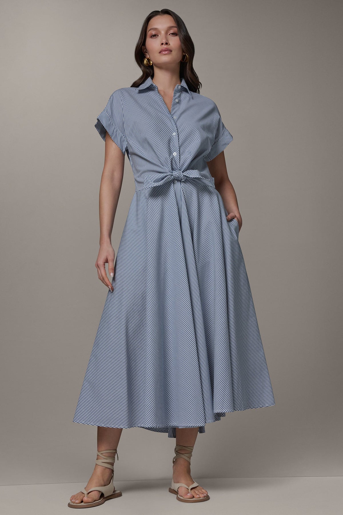 SHORT SLEEVE STRIPE TIE FRONT MAXI SHIRT DRESS - Nightfall/Cream