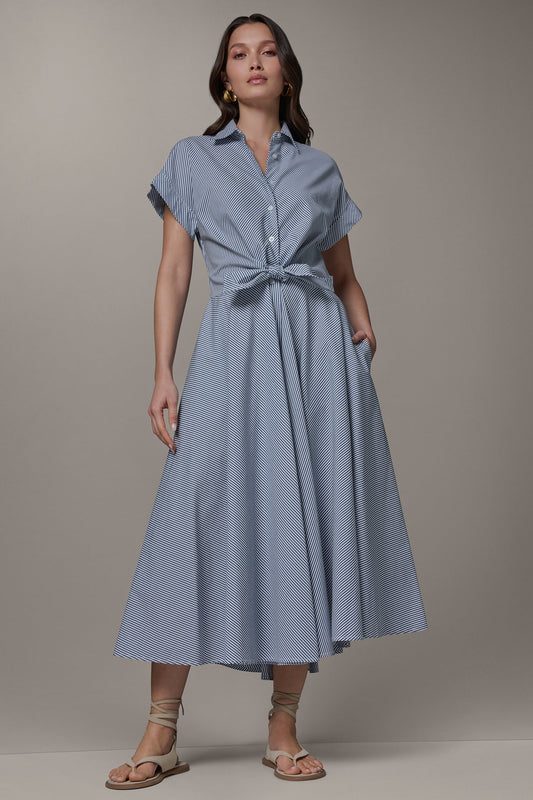 SHORT SLEEVE STRIPE TIE FRONT MAXI SHIRT DRESS - Nightfall/Cream