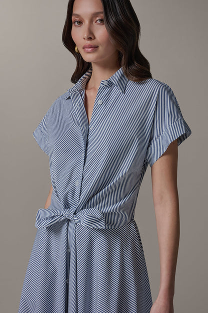 SHORT SLEEVE STRIPE TIE FRONT MAXI SHIRT DRESS - Nightfall/Cream