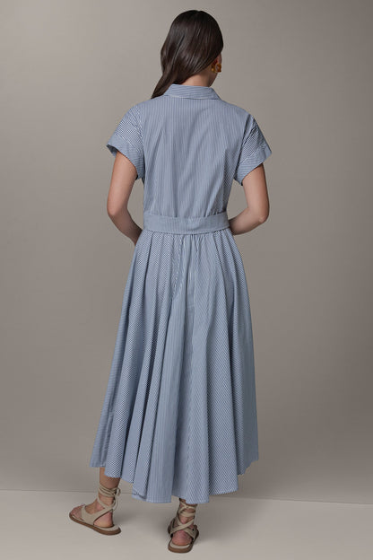 SHORT SLEEVE STRIPE TIE FRONT MAXI SHIRT DRESS - Nightfall/Cream