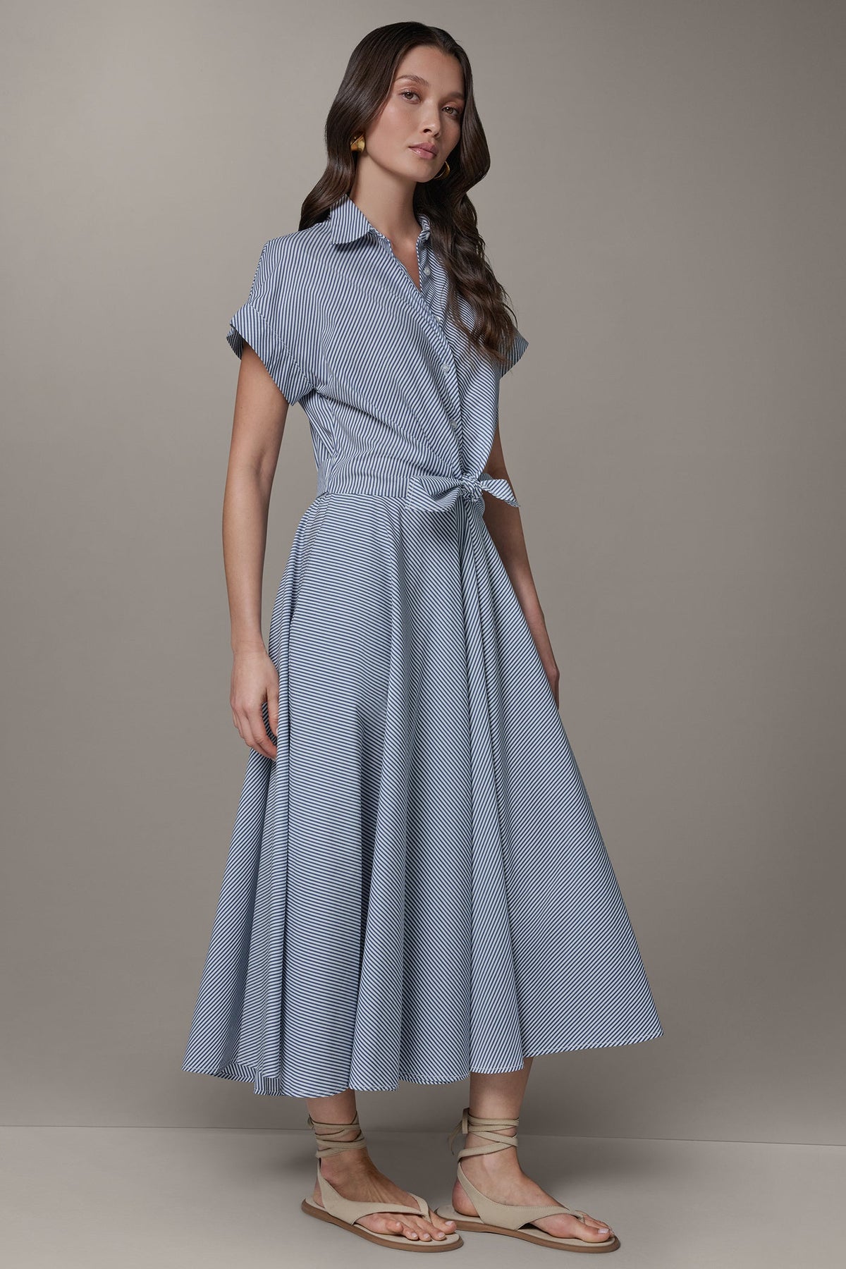 SHORT SLEEVE STRIPE TIE FRONT MAXI SHIRT DRESS - Nightfall/Cream
