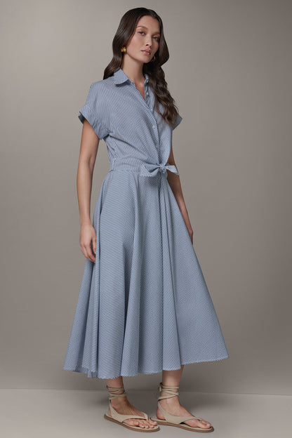 SHORT SLEEVE STRIPE TIE FRONT MAXI SHIRT DRESS - Nightfall/Cream