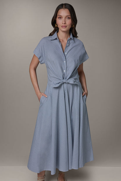 SHORT SLEEVE STRIPE TIE FRONT MAXI SHIRT DRESS - Nightfall/Cream