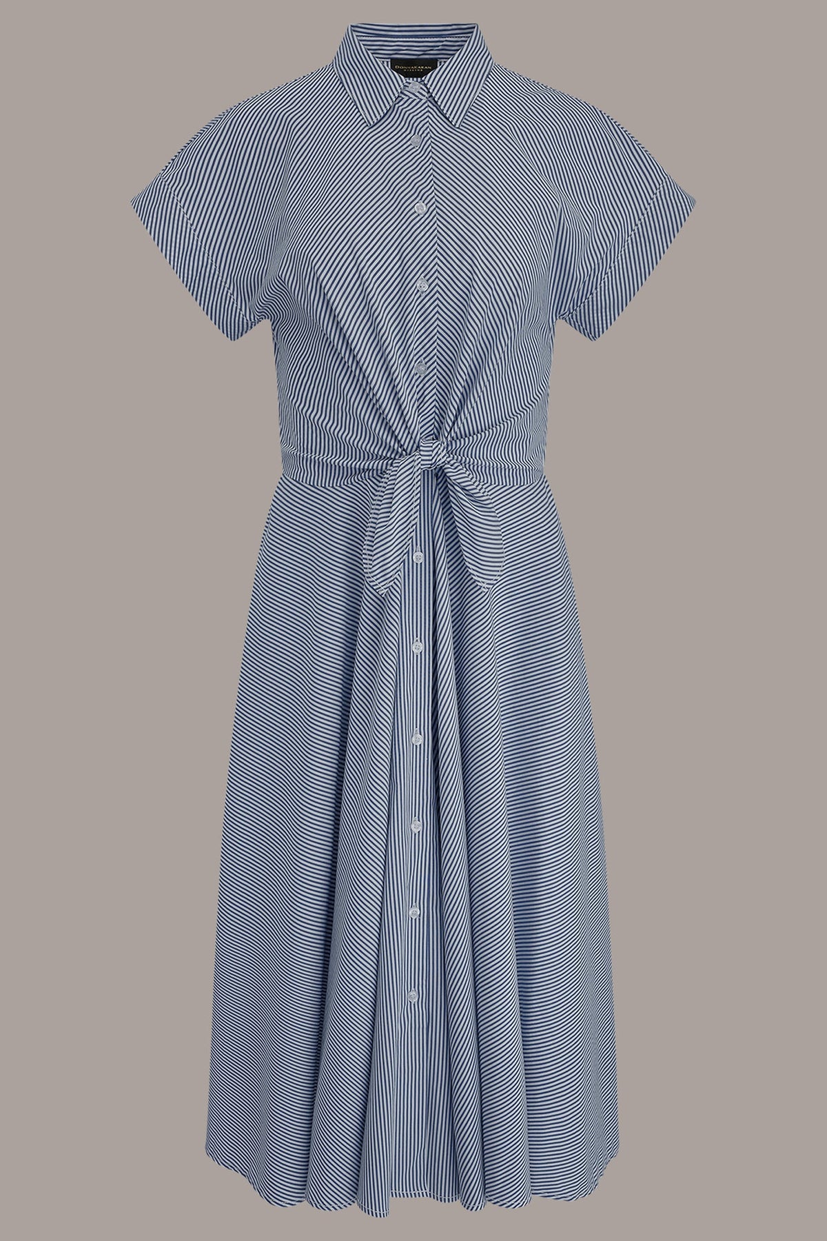 SHORT SLEEVE STRIPE TIE FRONT MAXI SHIRT DRESS - Nightfall/Cream
