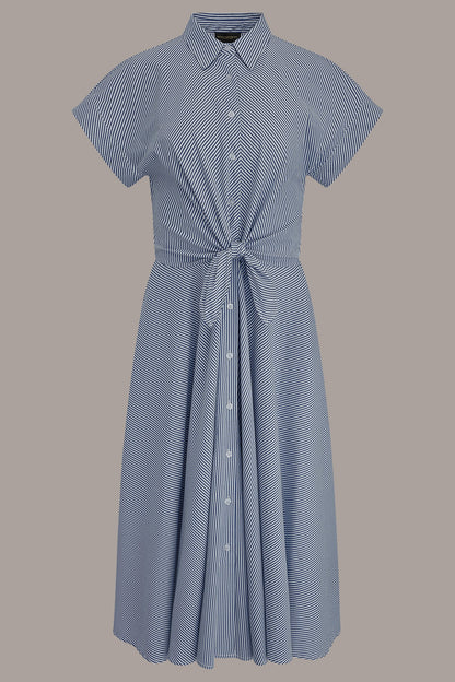 SHORT SLEEVE STRIPE TIE FRONT MAXI SHIRT DRESS - Nightfall/Cream