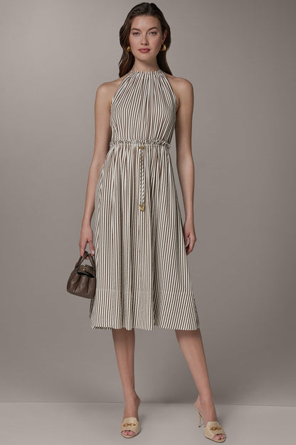 SLEEVELESS DRAWSTRING WAIST MIDI HALTER DRESS - Cream/Russet