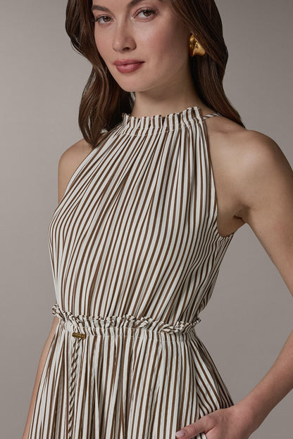 SLEEVELESS DRAWSTRING WAIST MIDI HALTER DRESS - Cream/Russet