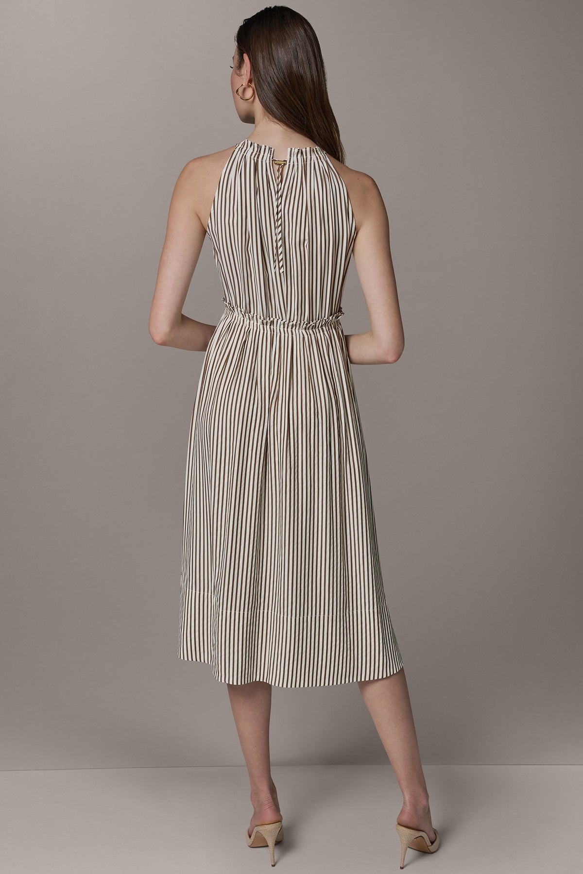 SLEEVELESS DRAWSTRING WAIST MIDI HALTER DRESS - Cream/Russet