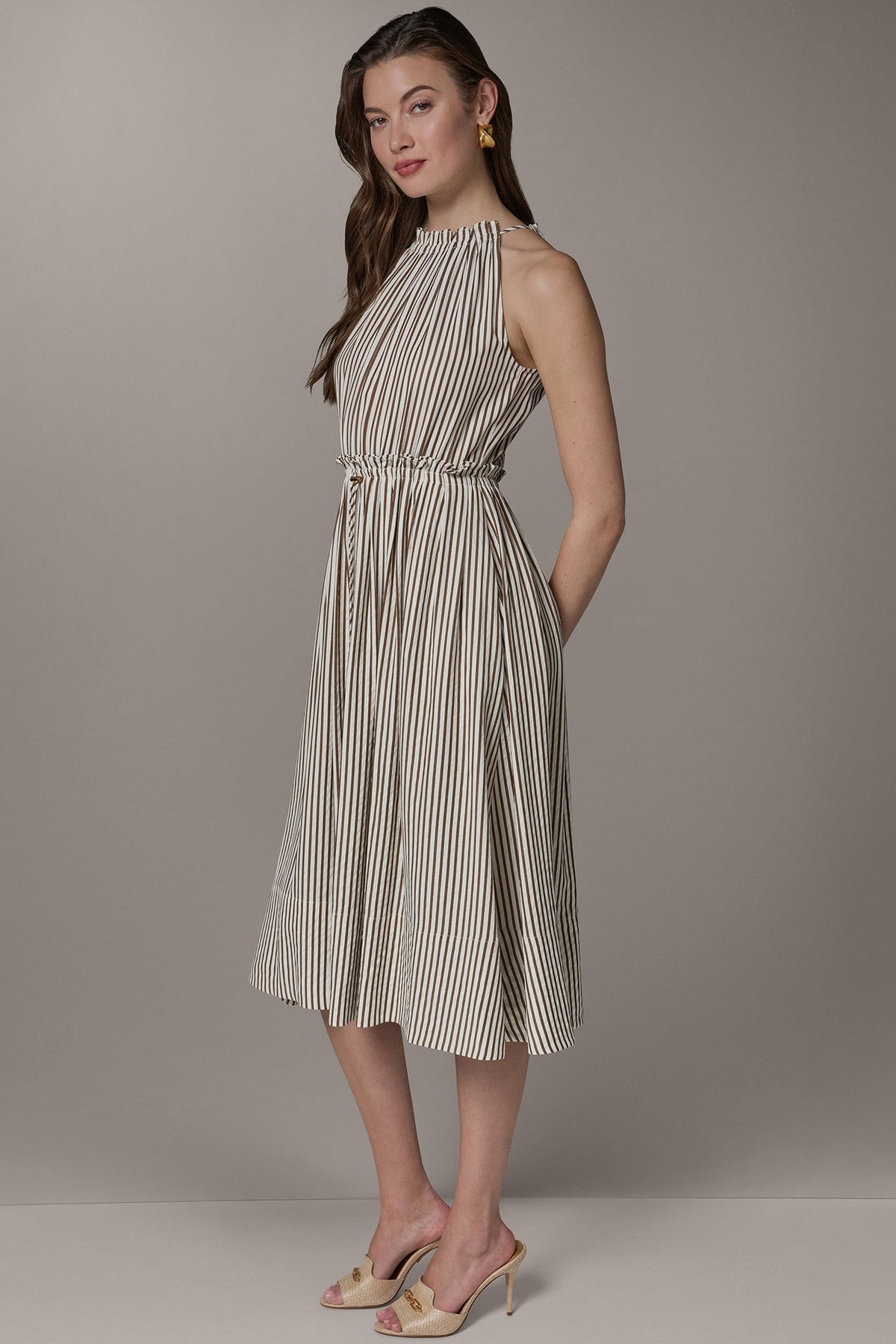 SLEEVELESS DRAWSTRING WAIST MIDI HALTER DRESS - Cream/Russet