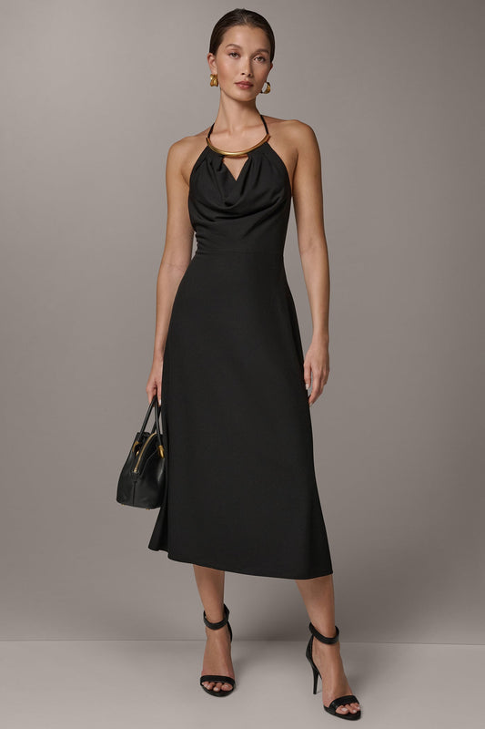 SLEEVELESS COWL NECK MIDI HALTER DRESS - Black