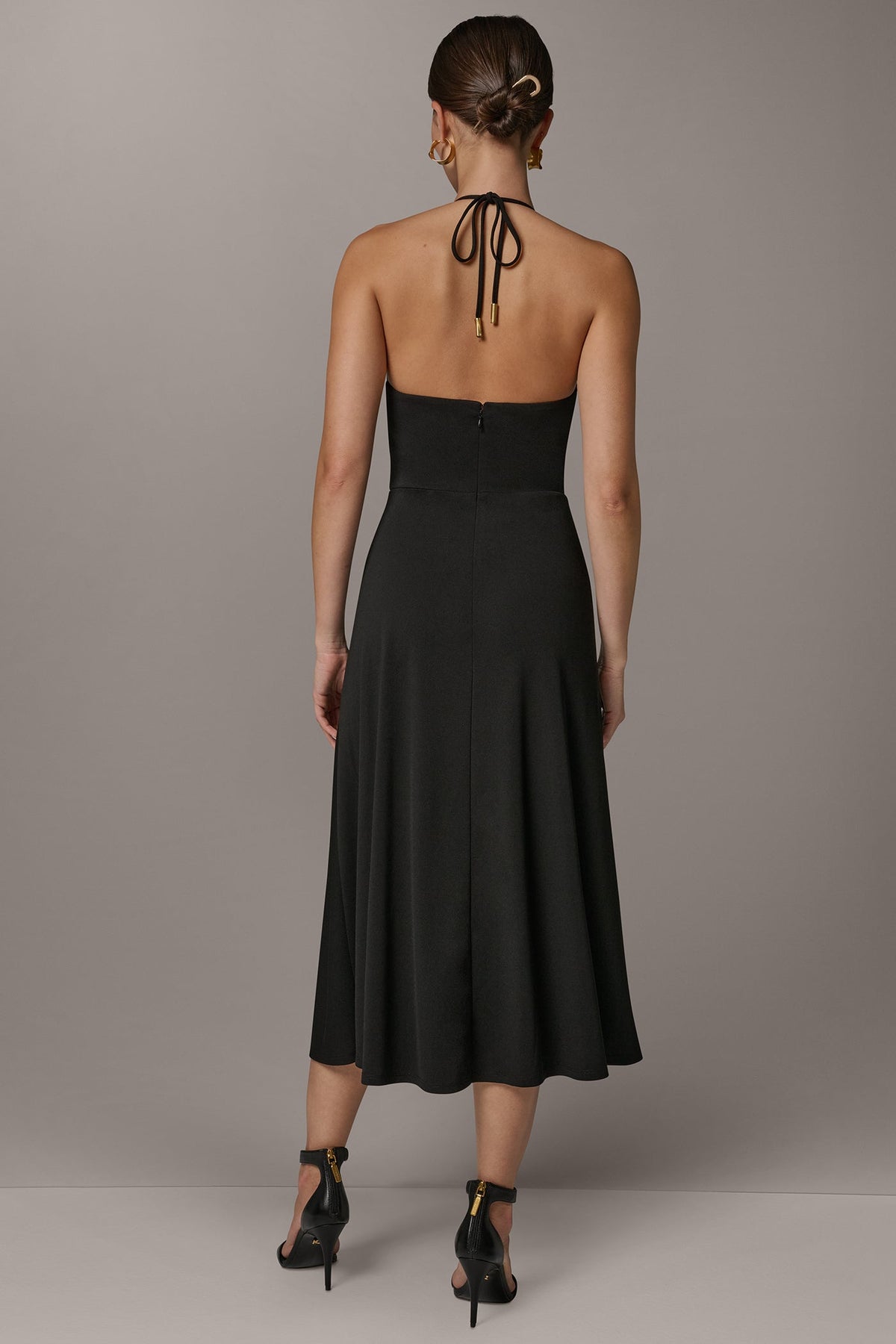 SLEEVELESS COWL NECK MIDI HALTER DRESS - Black
