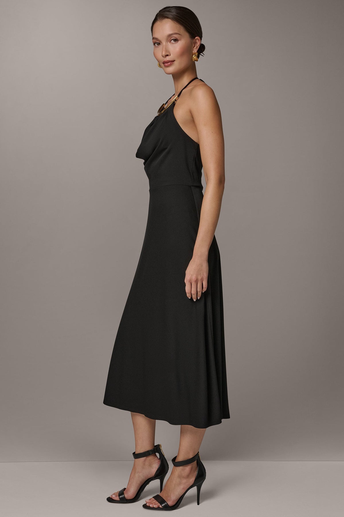 SLEEVELESS COWL NECK MIDI HALTER DRESS - Black