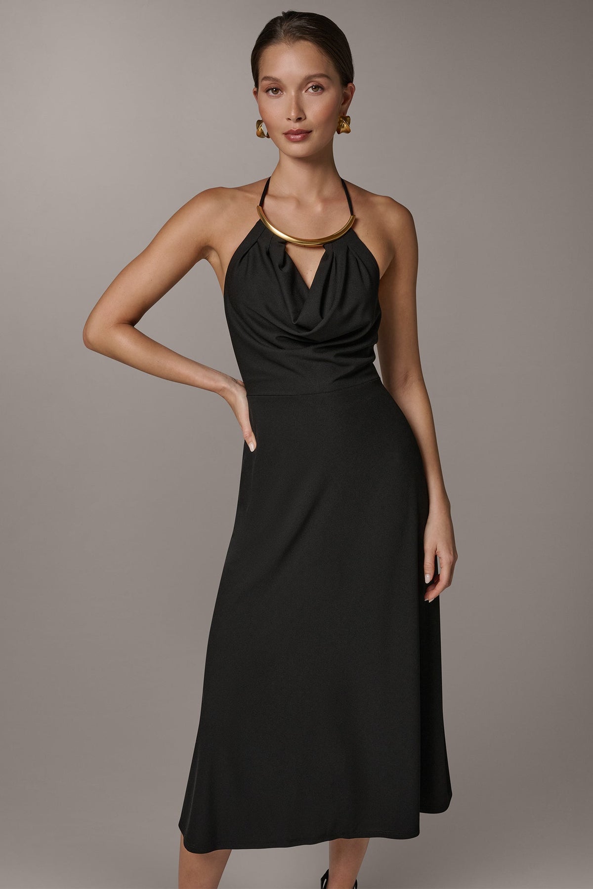SLEEVELESS COWL NECK MIDI HALTER DRESS - Black