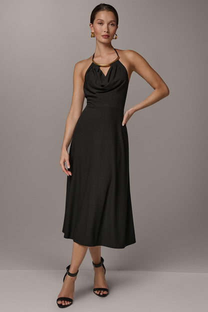 SLEEVELESS COWL NECK MIDI HALTER DRESS - Black