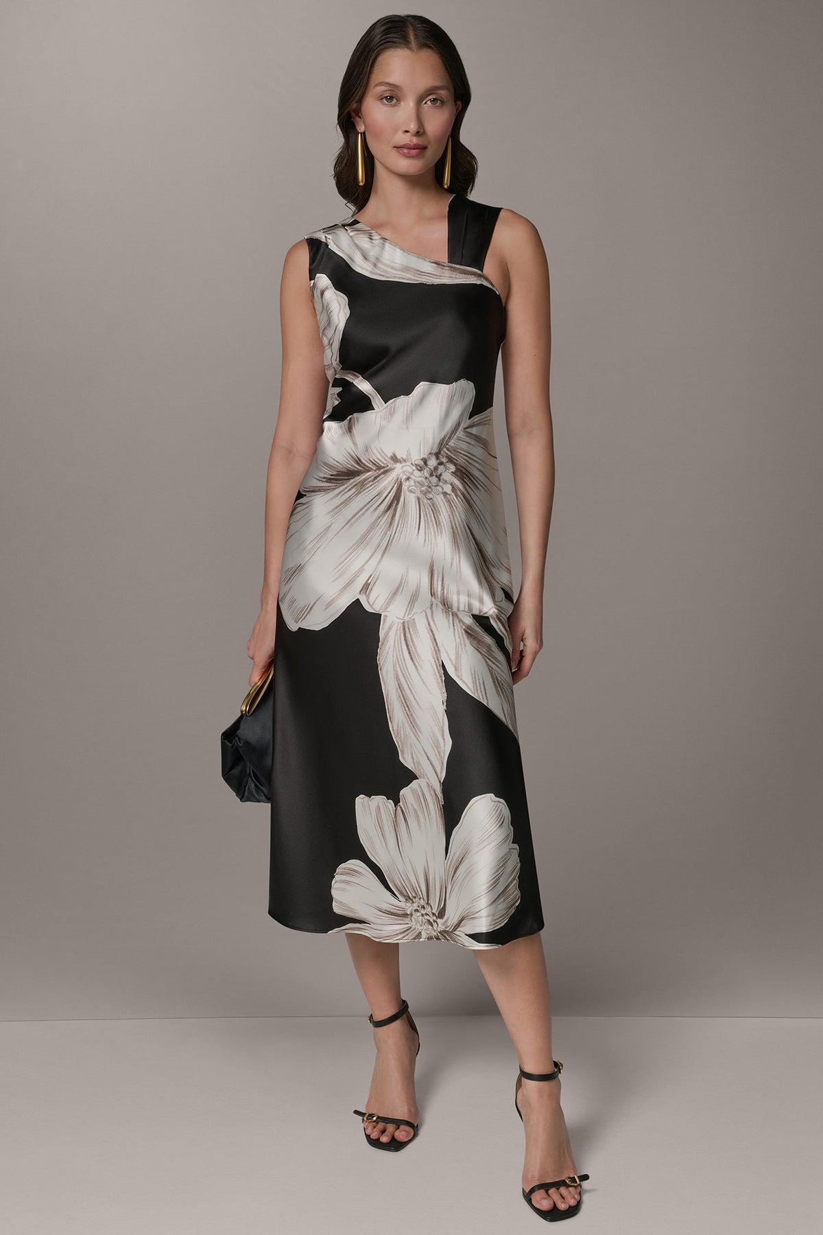 SLEEVELESS ASYMMETRIC MIDI HALTER DRESS - Black Multi
