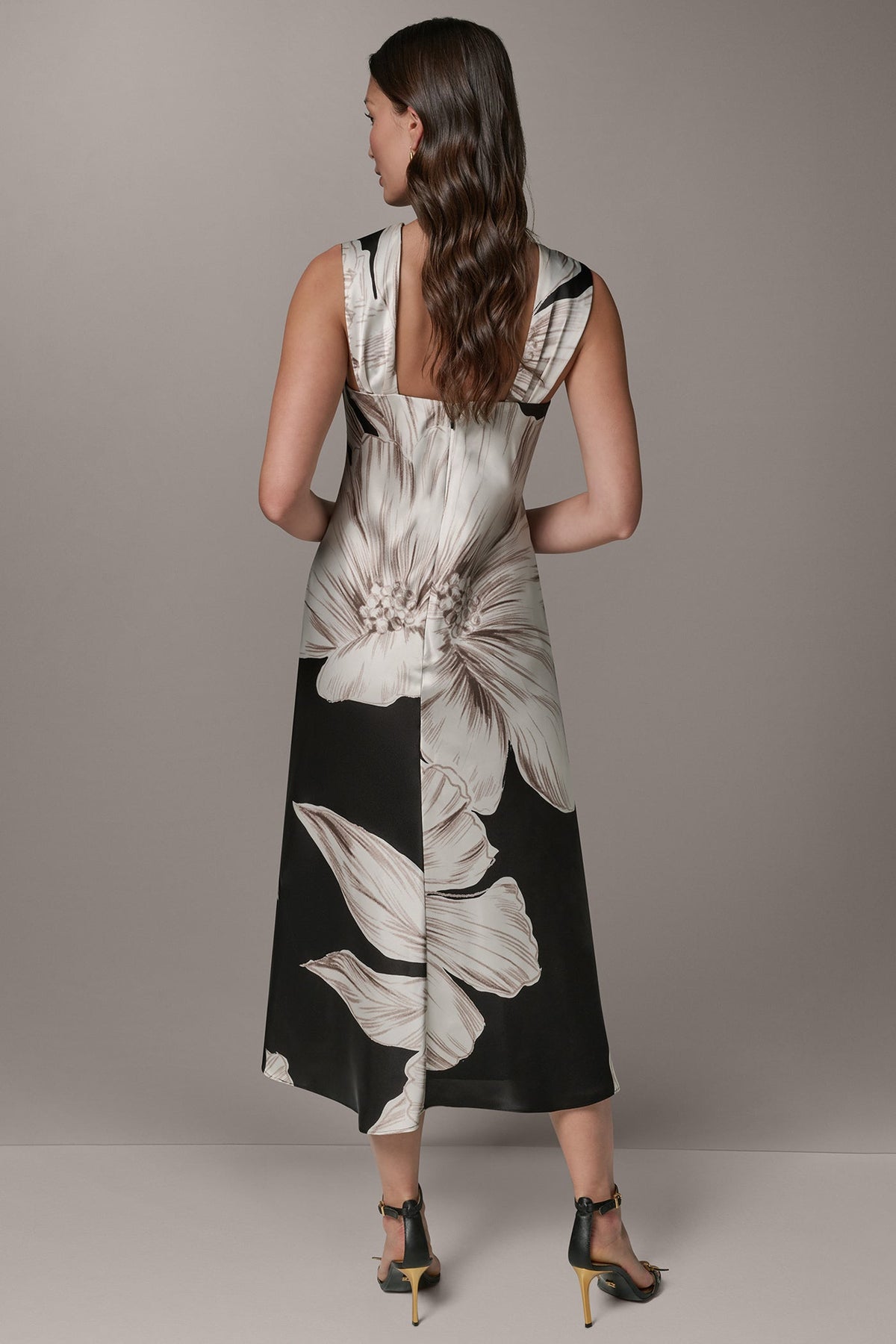 SLEEVELESS ASYMMETRIC MIDI HALTER DRESS - Black Multi